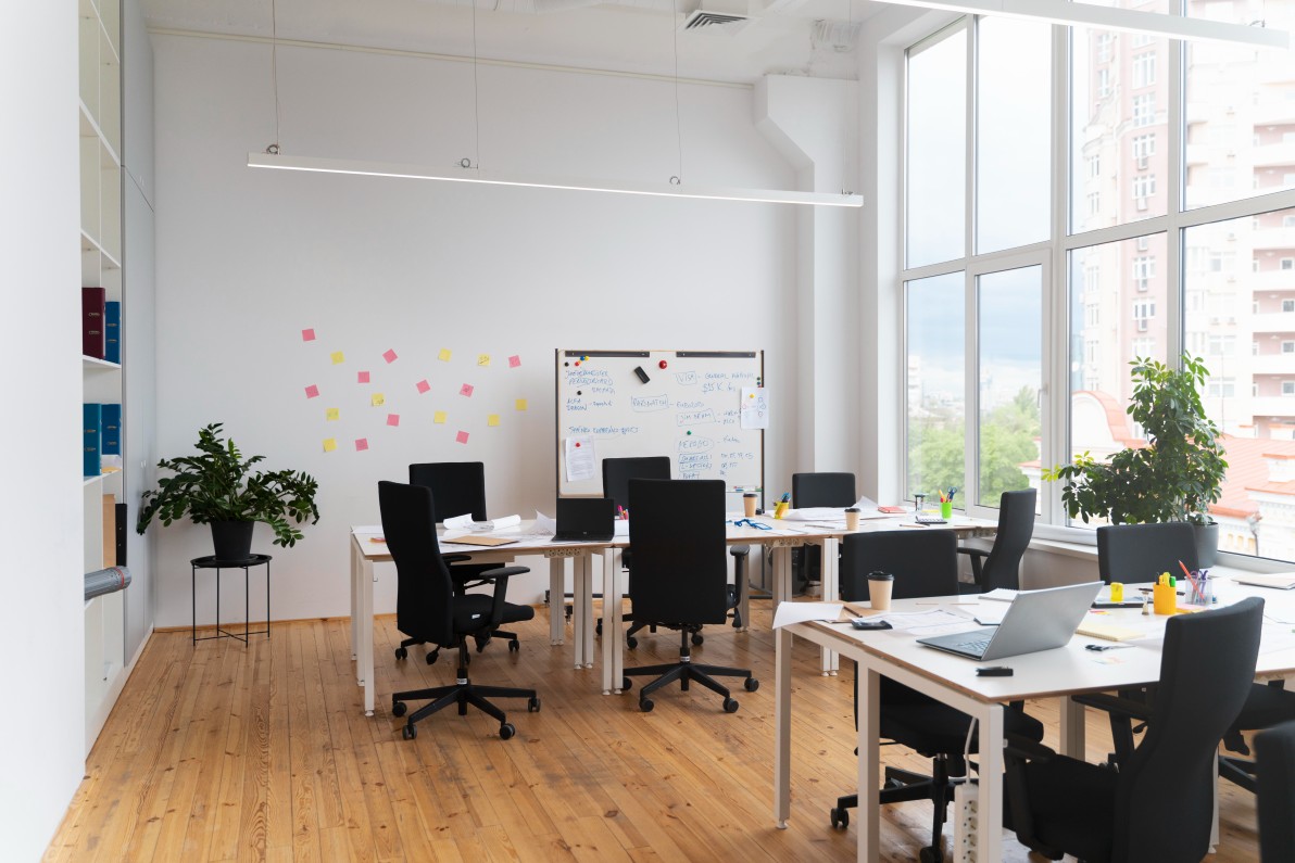 Spacious and well-lit coworking office space setup in Bangalore