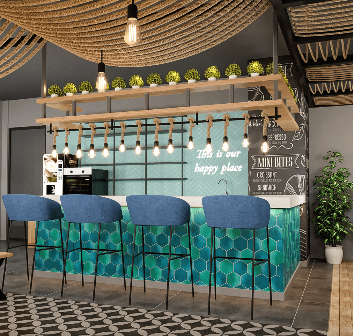 Casual breakout café area in a shared office space with a teal counter and rope ceiling.