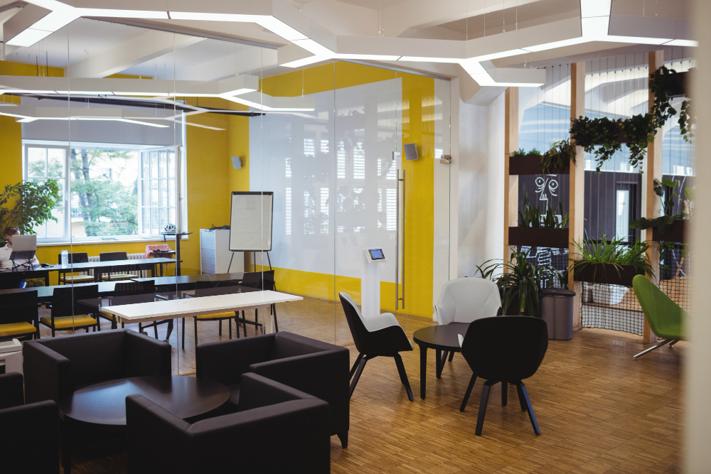 Hybrid coworking workspace with comfortable lounge seating