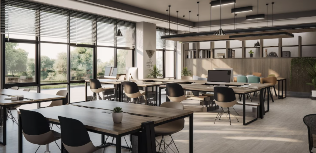 Modern coworking office workspace with desks and seating Modern coworking office workspace with desks and seating